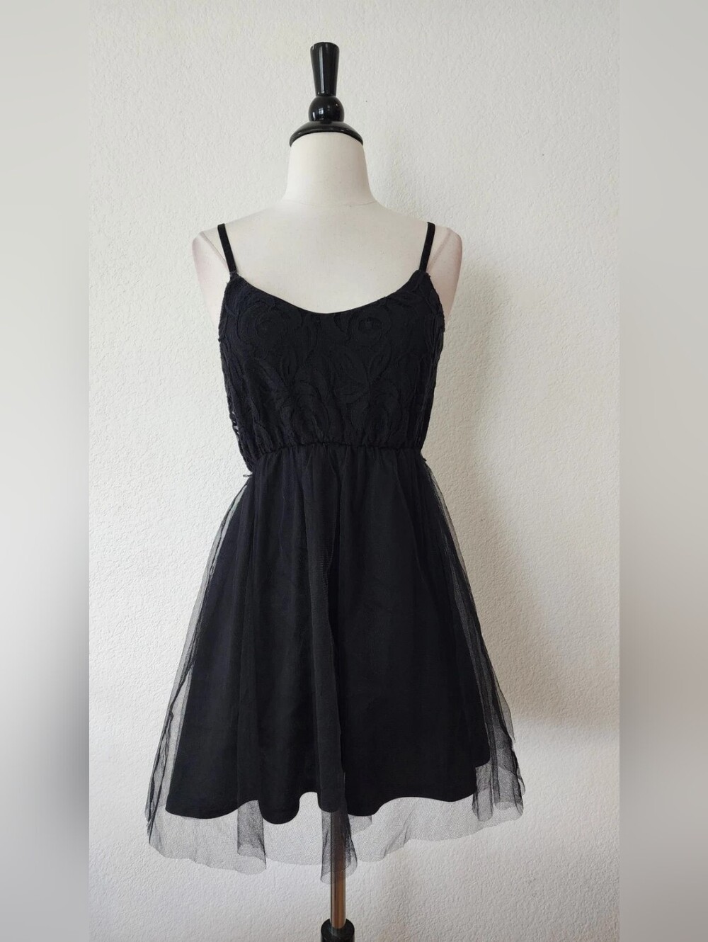 Black Spaghetti Strap Tulle Overlay Dress